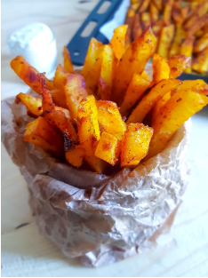Baked French Fries. 2 tablespoons of avocado oil4 organic potatoes. Add a tablespoon of oil , salt , paprika , thyme and mix well.
