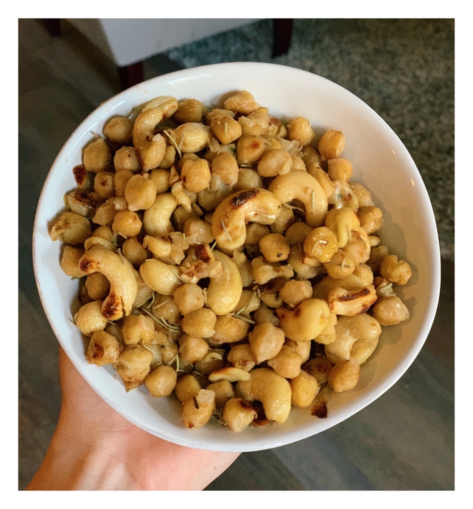 Roasted Rosemary Chickpeas and Cashews Delicious roasted cashews and chickpeas with rosemary. A perfect pick me up with protein and fiber. Roasted Rosemary Chickpeas and Cashews