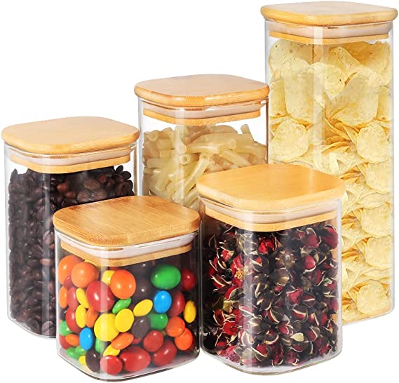 Zeumzwf Square Glass Storage Jars with Airtight Bamboo Lids
